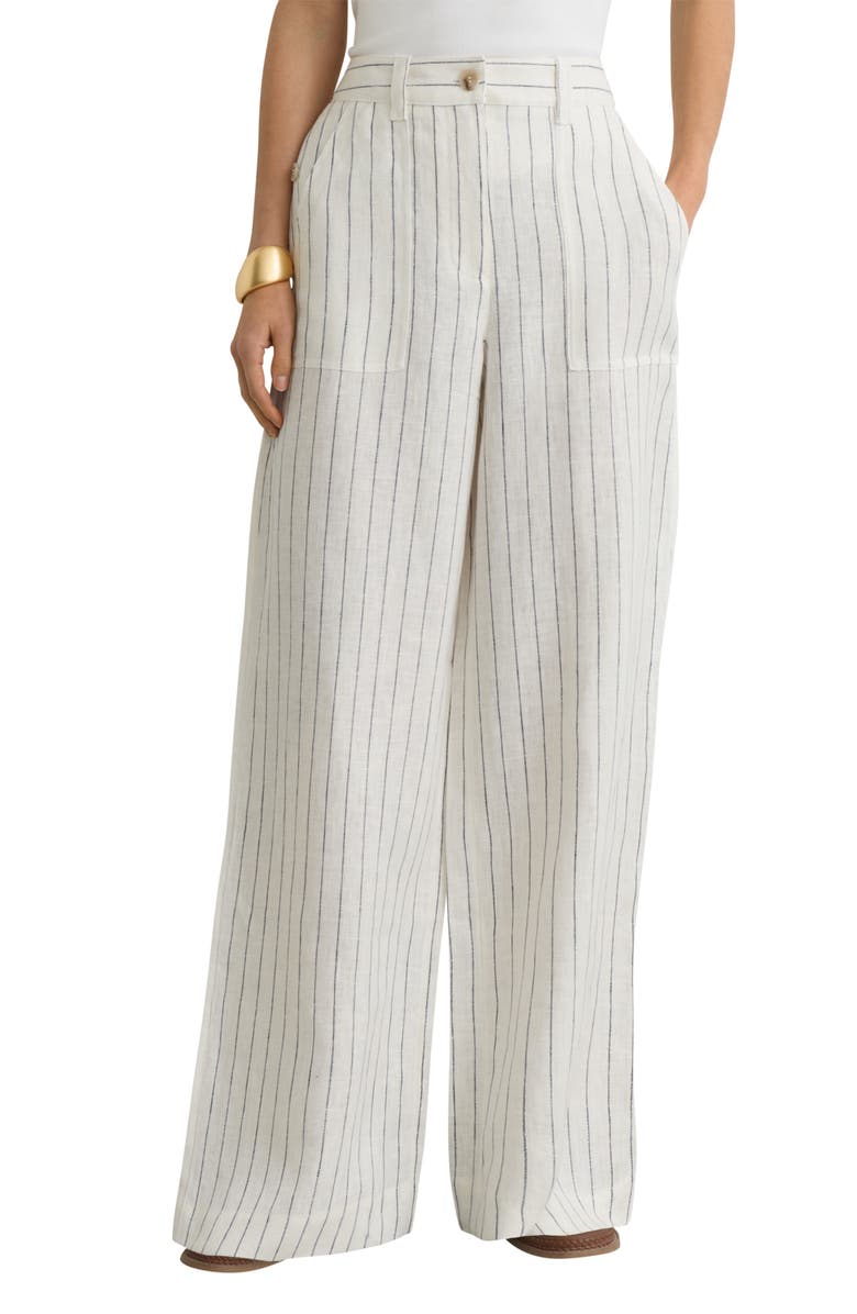 Reiss Ashby Wide Leg Linen Pants, Main, color, White/ Navy