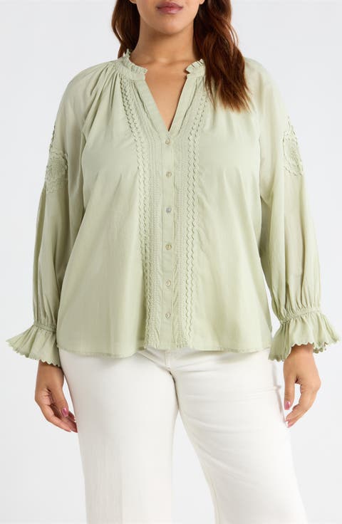 Rickrack Front Button Cotton Top (Plus)