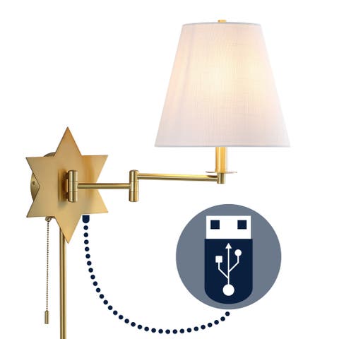 David 1-Light French Country Swing Arm Wall Sconce with LED, USB Port, and Pull-Chain (Plug-In or Hardwired)