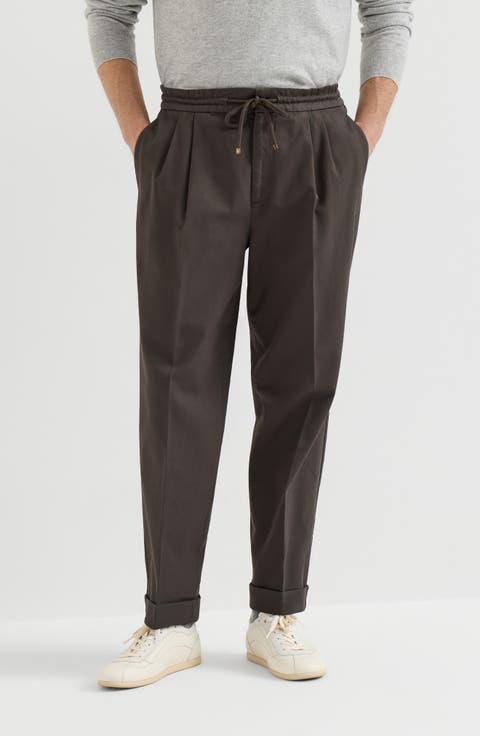 Garment-dyed twisted cotton gabardine trousers with drawstring and double pleats