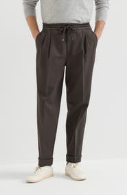 Brunello Cucinelli Garment-dyed twisted cotton gabardine trousers with drawstring and double pleats