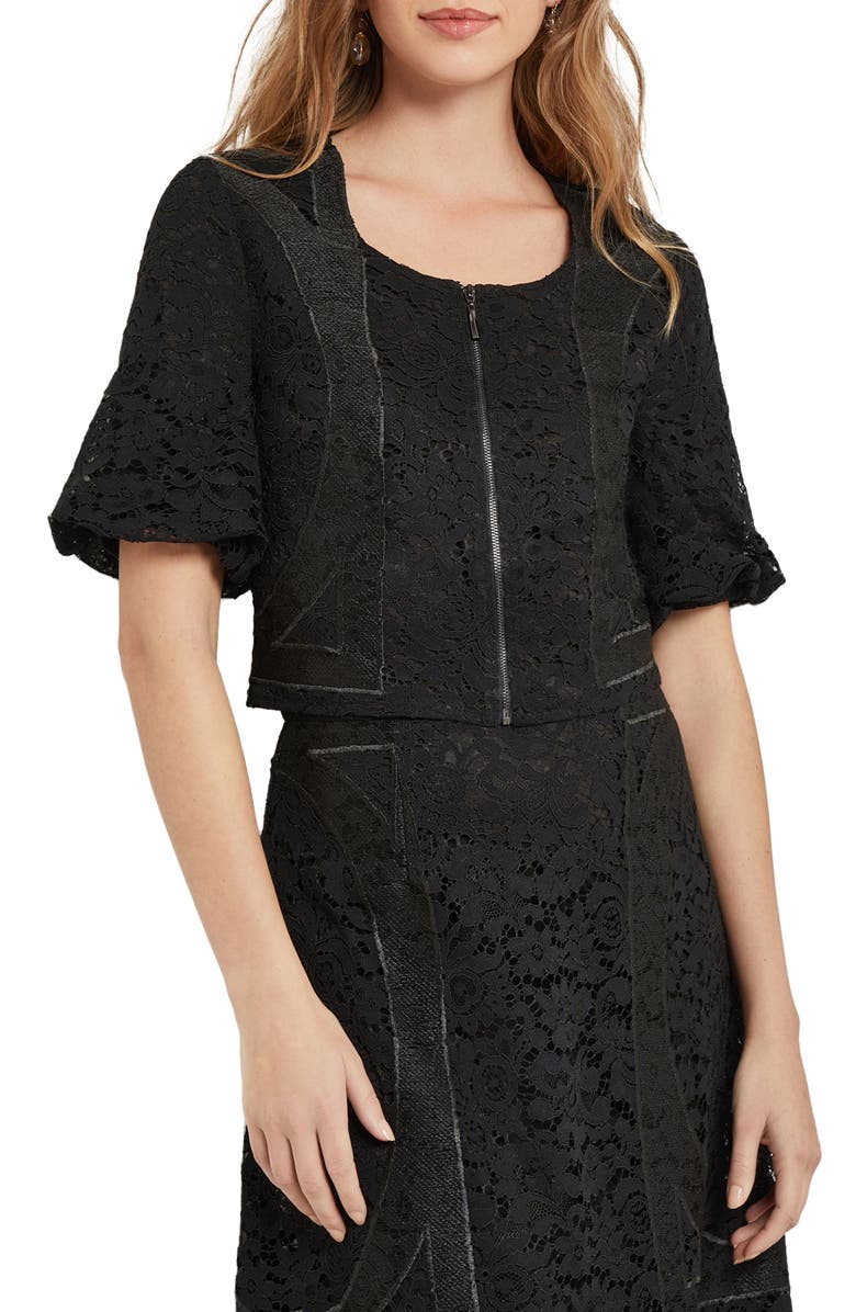 Misook Lace Front Zip Top, Main, color, Black