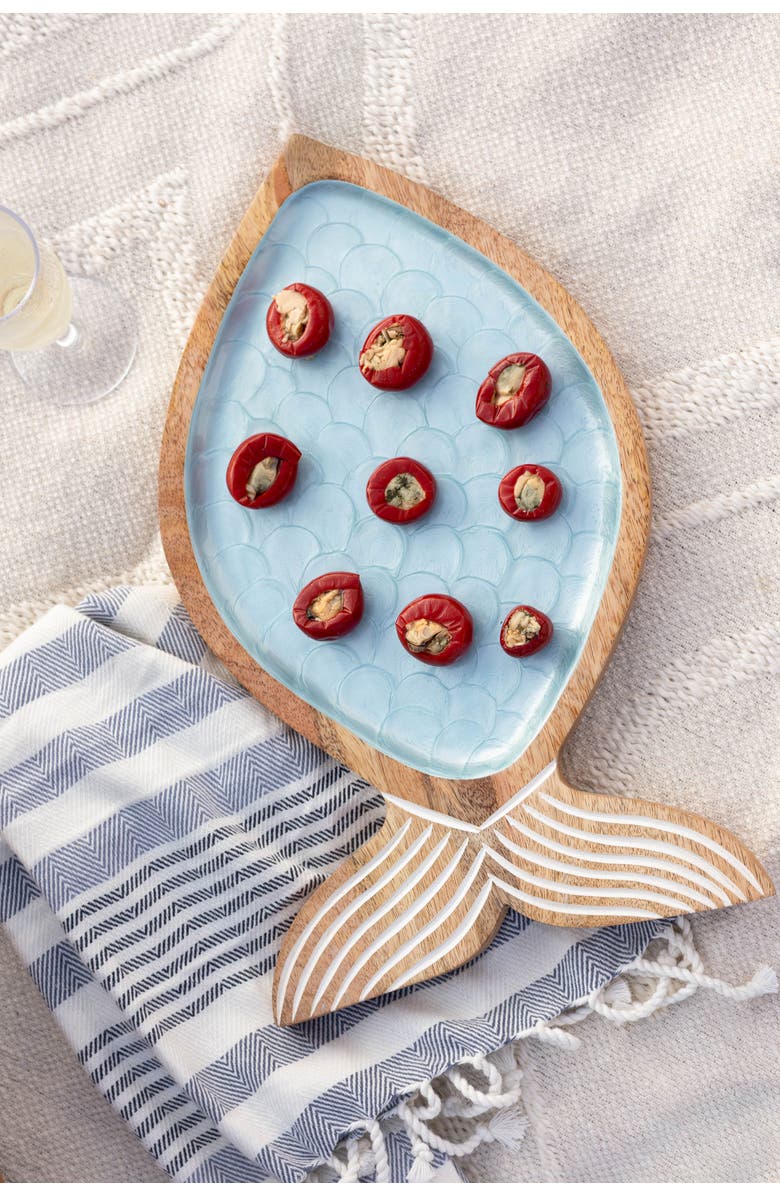 Jeanne Fitz Large Wood Fish Shaped Platter, Main, color, Light Blue And Brown