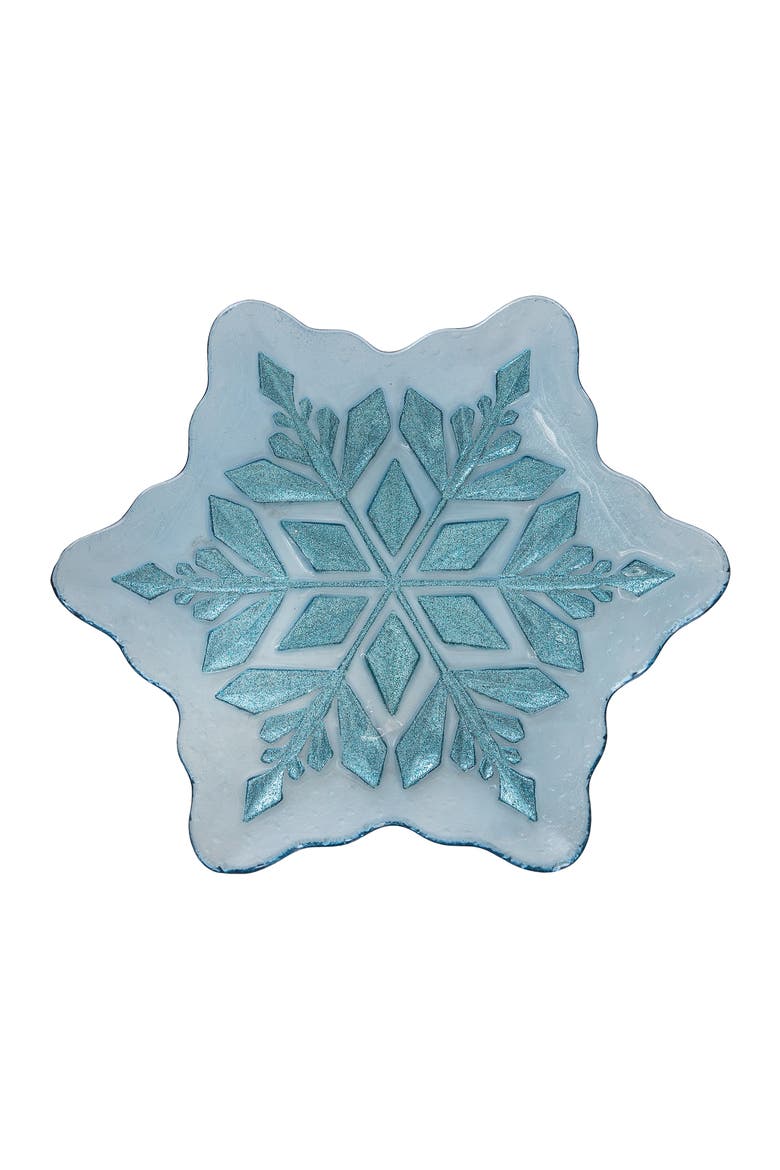 Icy Snowflake Large Glass Decorative Christmas Plate, Main, color, Blue