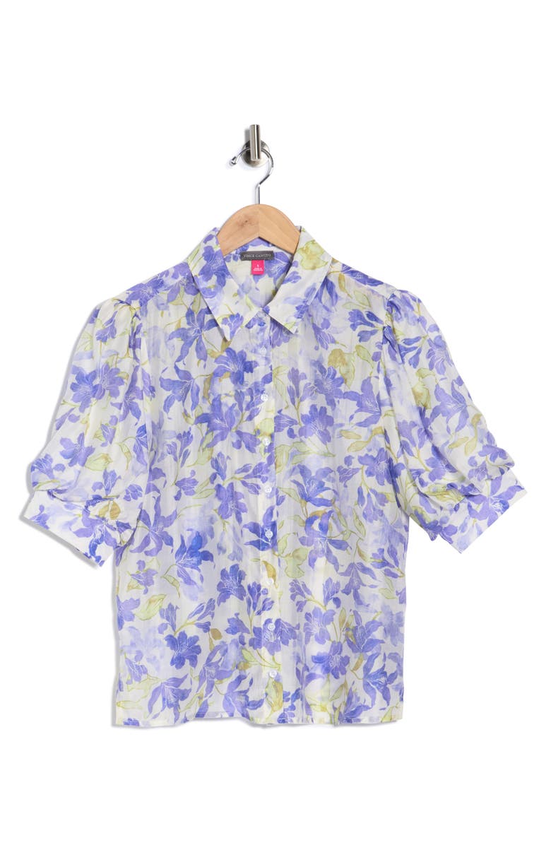 Vince Camuto Floral Puff Sleeve Button-Up Shirt, Alternate, color, Blue Iris