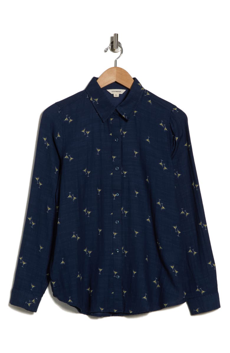 Lucky Brand Heart Print Button-Up Shirt, Alternate, color, Navy Multi