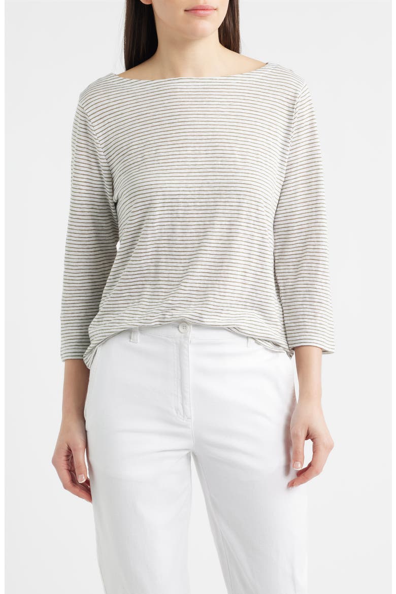 Stripe Bateau Neck Organic Linen Top, Main, color, BAY LEAF