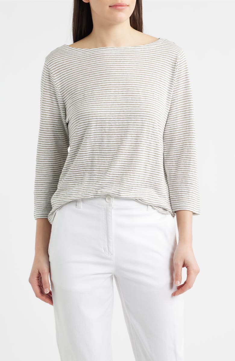 Eileen Fisher Stripe Bateau Neck Organic Linen Top, Main, color, Bay Leaf