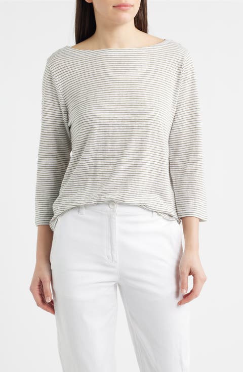 Stripe Bateau Neck Organic Linen Top (Regular & Petite)