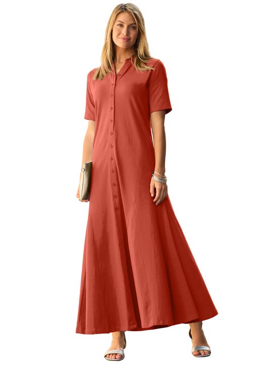 Jessica London Stretch Cotton Button Front Maxi Dress In Brown