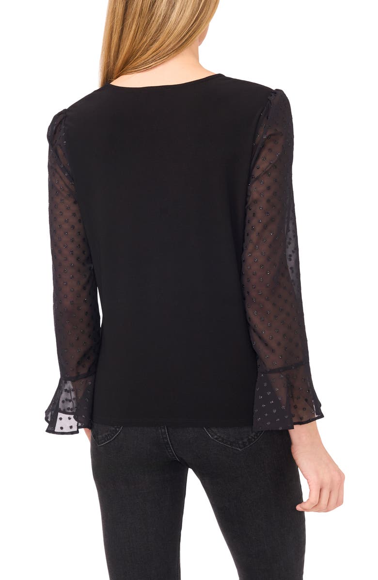 CeCe Metallic Dot Detail Mixed Media Crepe Top, Alternate, color, Rich Black