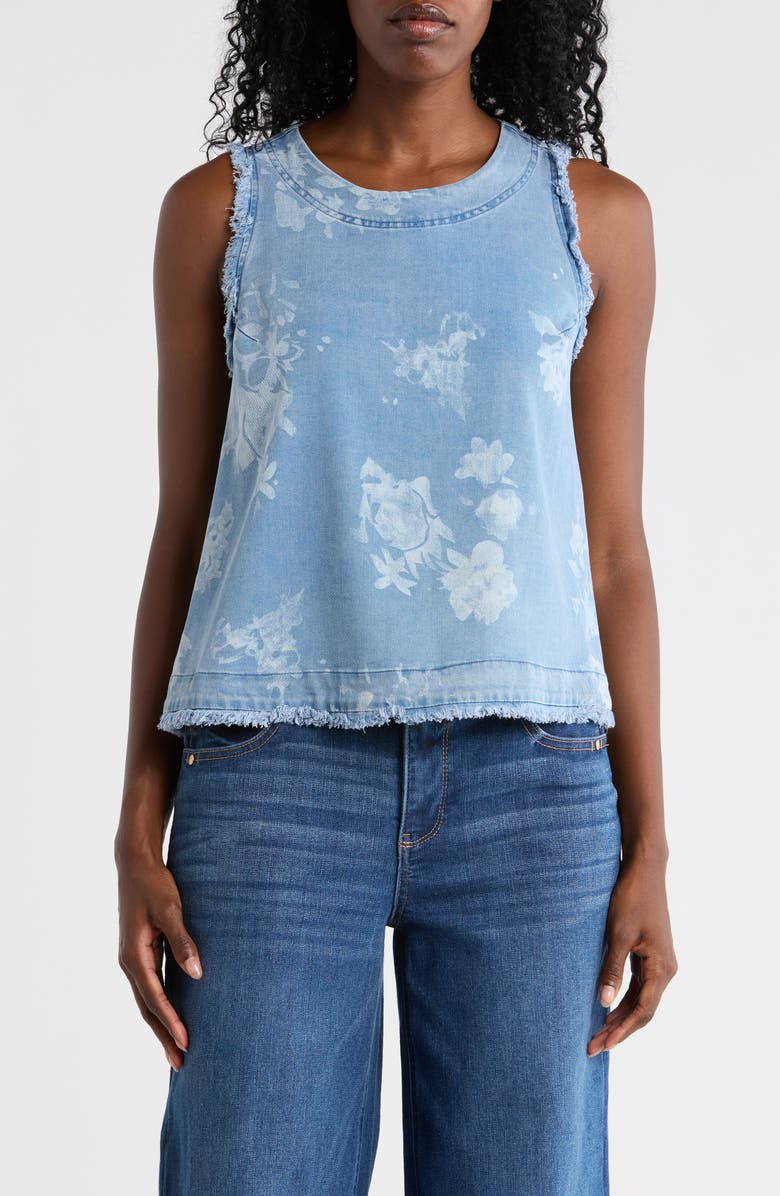 T Tahari Floral Print Chambray Top, Main, color, Light Wash Floral Print