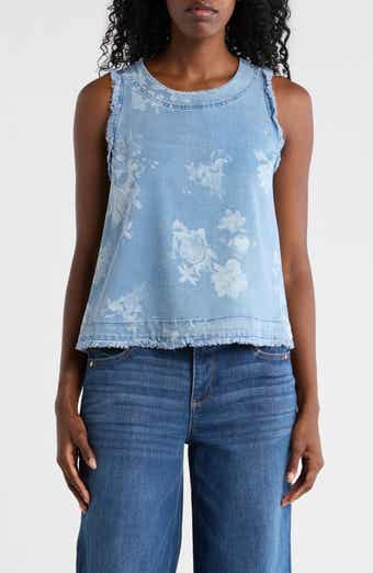 T Tahari Floral Print Chambray Top