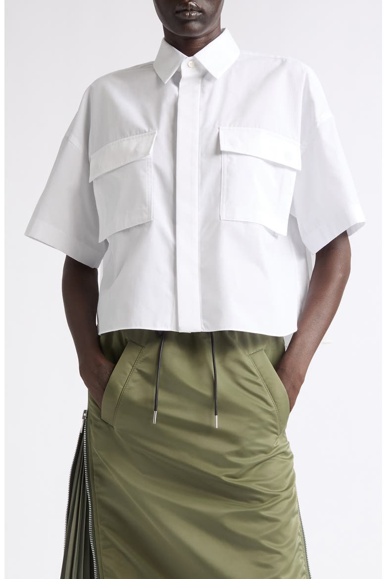 Pleat Back Crop Poplin Button-Up Shirt, Main, color, WHITE