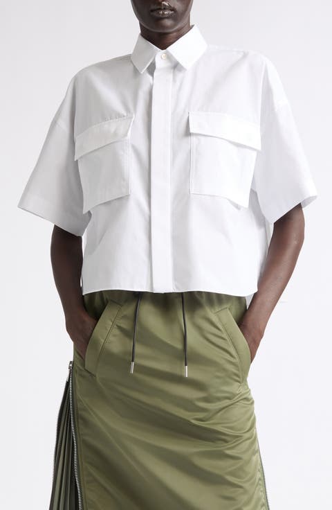 Pleat Back Crop Poplin Button-Up Shirt