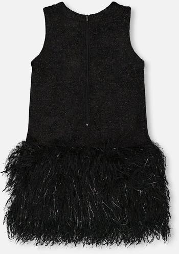 Sleeveless Bi-Material Lurex Dress with Feathers