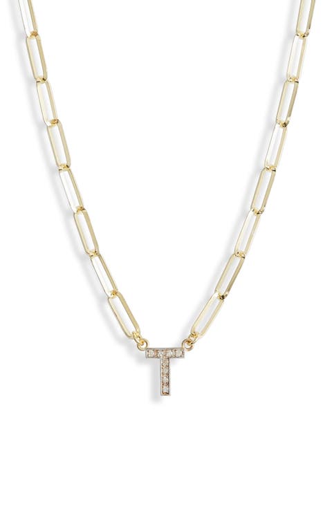 Diamond Initial Charm Paper Clip Chain Necklace