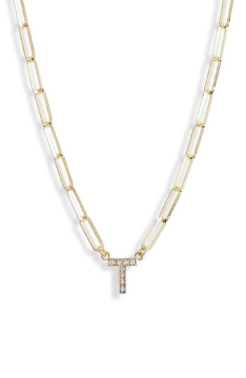 Meshmerise Diamond Initial Charm Paper Clip Chain Necklace In Gold
