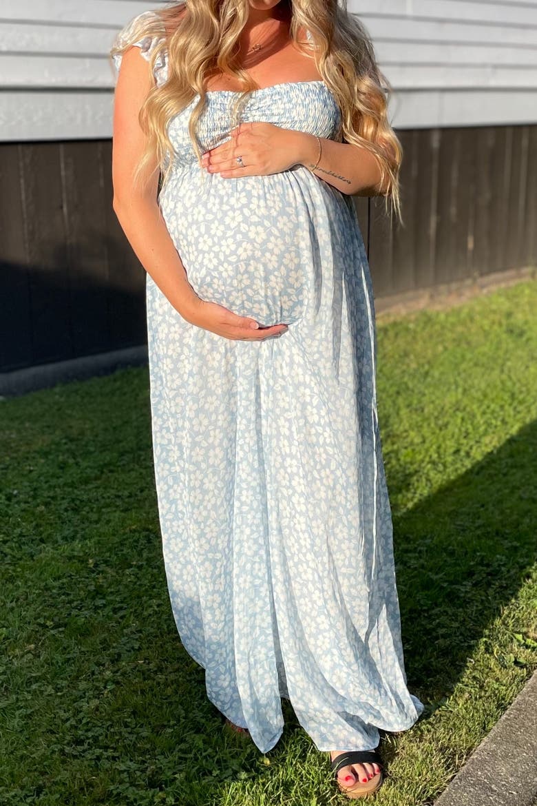 Floral Chiffon Sweetheart Neck Off Shoulder Maxi Dress, Alternate, color, Light Blue