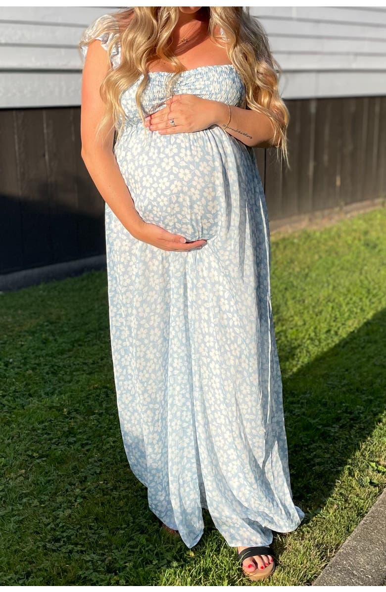 PinkBlush Floral Chiffon Sweetheart Neck Off Shoulder Maxi Dress, Alternate, color, Light Blue