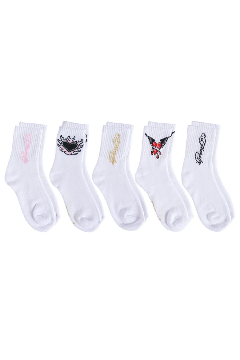 Heart Flame Print Full Cushion Mid Crew Sock 5-Pack, Alternate, color, White Multi