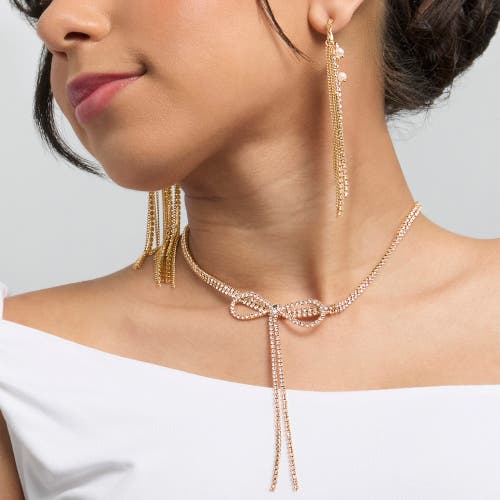 Bcbg Crystal Double Strand Bow Lariat Necklace In Gold