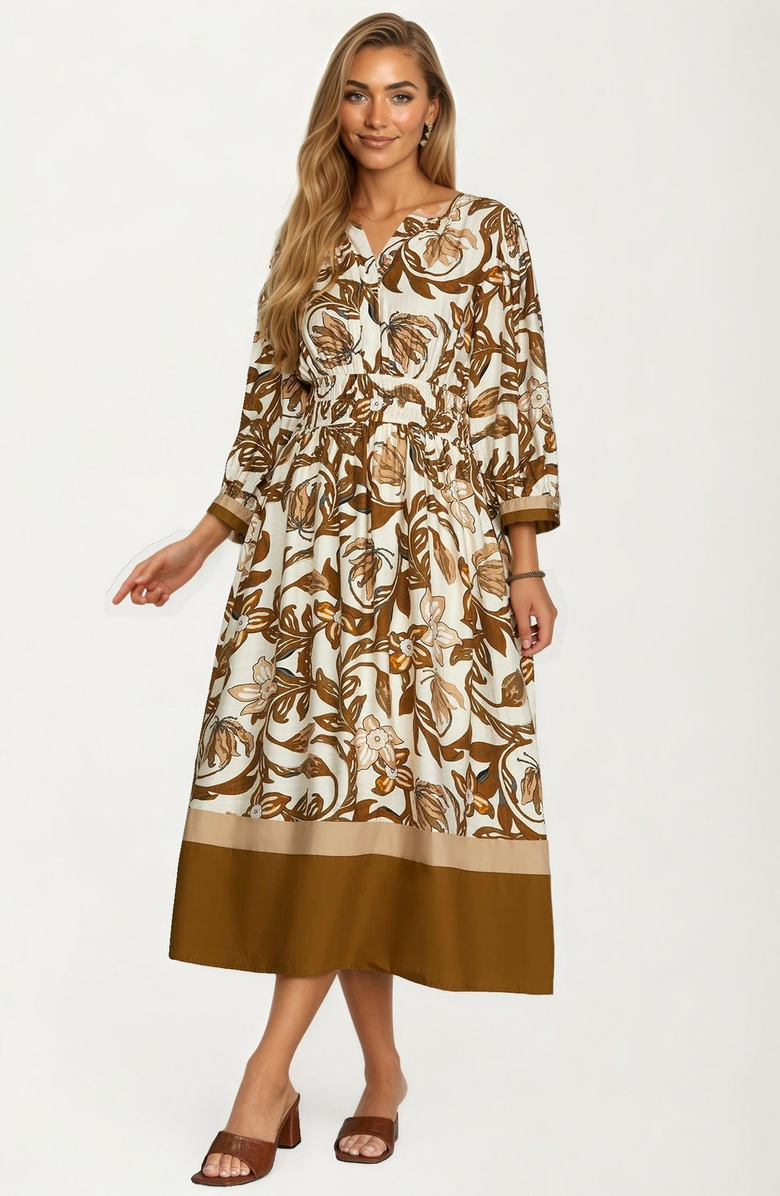 Knit and Lounge Floral Print Long Sleeve Midi Dress with Smocked Waist, Main, color, 