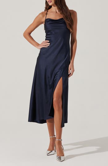 Astr The Label Cowl Neck Satin Midi Slipdress In Midnight