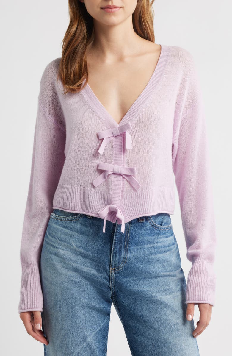 LoveShackFancy Luisella Bow Crop Cashmere Cardigan, Main, color, Clouded Rose