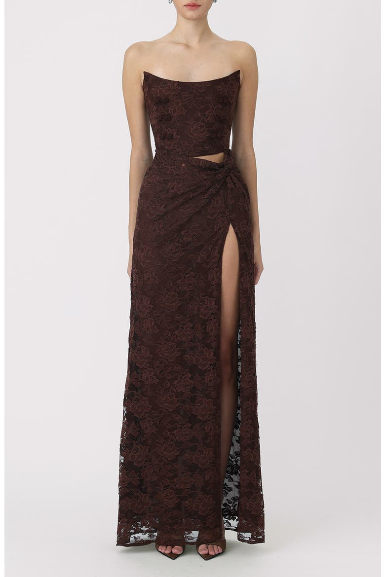 Julia Floral Lace Cutout Detail Cotton Blend Strapless Gown, Main, color, DARK WALNUT