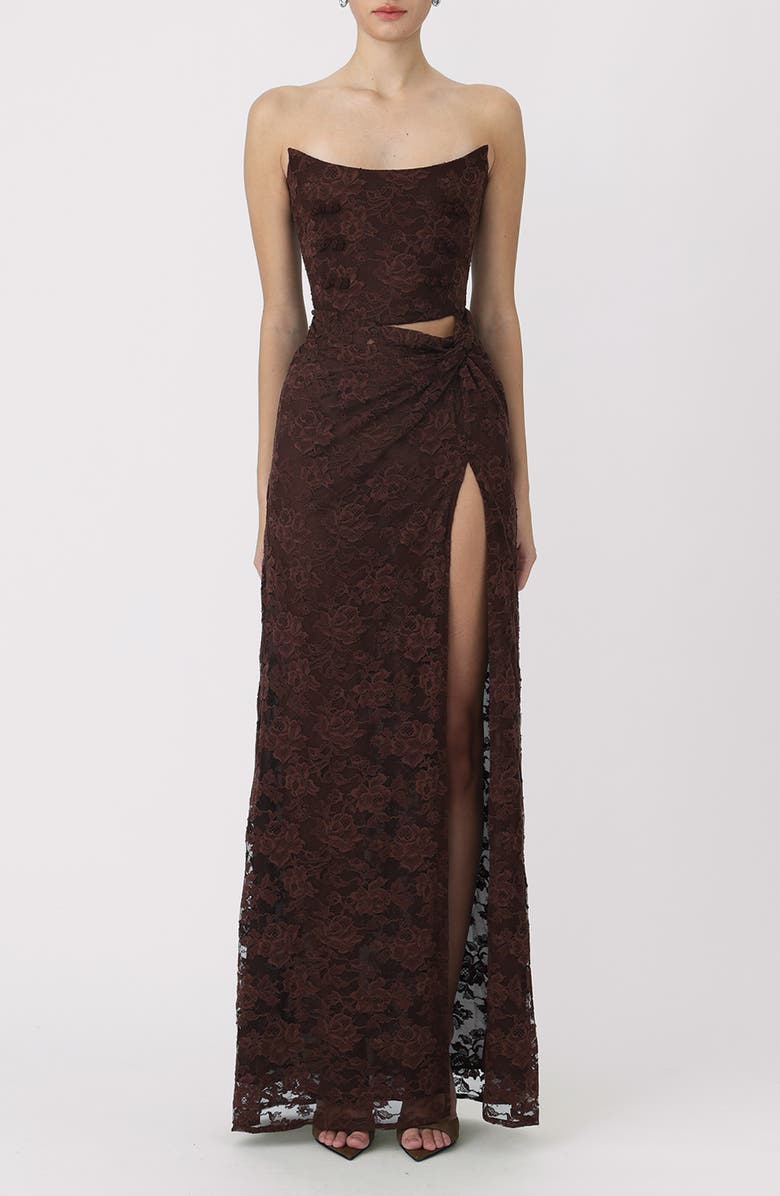 SAU LEE Julia Floral Lace Cutout Detail Cotton Blend Strapless Gown, Main, color, Dark Walnut