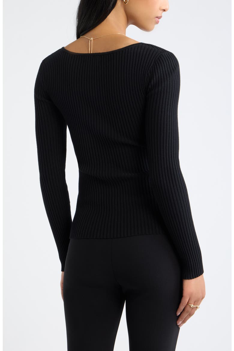 Knot Front Ribbed V-Neck Sweater, Alternate, color, BLACK