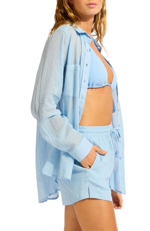 Seafolly Breeze Beach Button-up Cotton Gauze Cover-up Shirt In Blue
