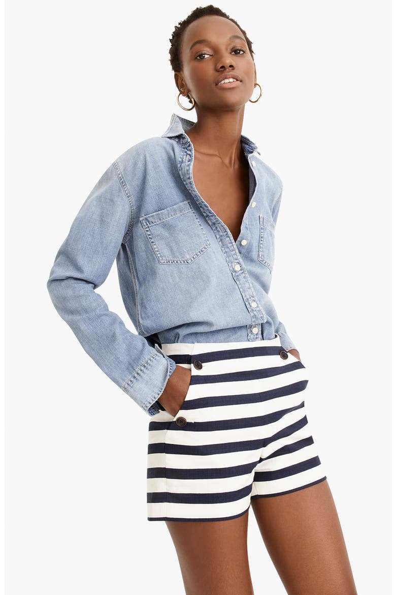 Side Button Stretch Grasscloth Sailor Shorts, Alternate, color, SAILOR STRIPE NAVY IVORY