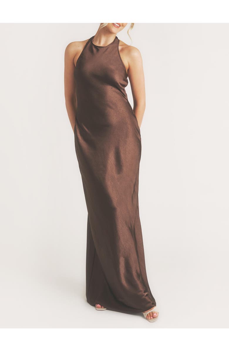 Six Stories Racer Neck Satin Bridesmaid Dress, Alternate, color, Chocolate