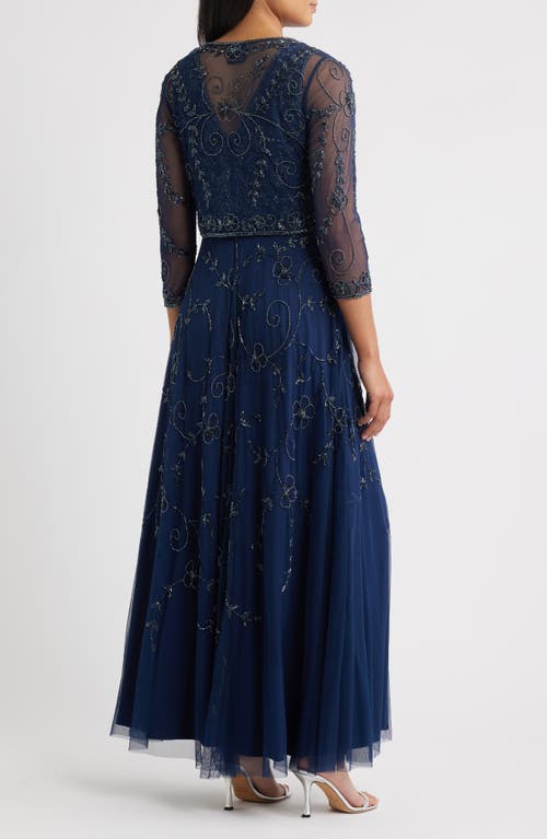 Pisarro Nights Beaded Mesh Gown With Jacket In Blue