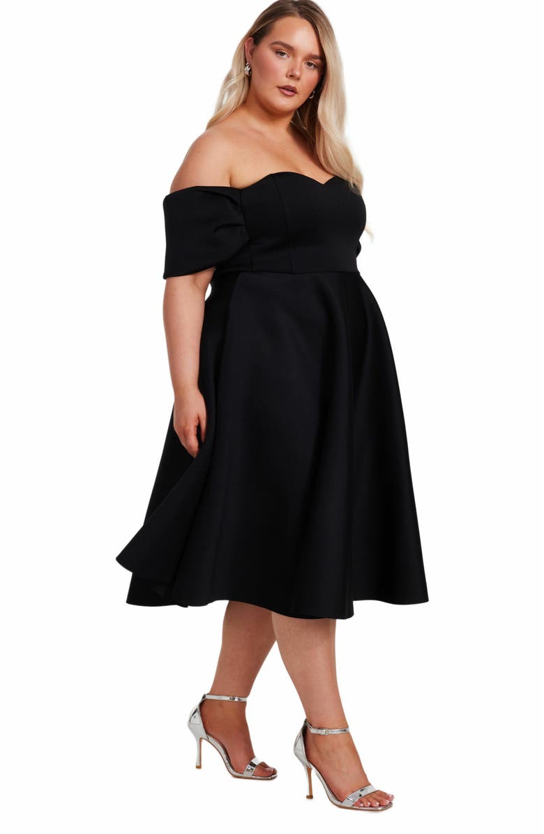 QUIZ Plus Size Bardot Scuba Foam Skater Dress, Alternate, color, 