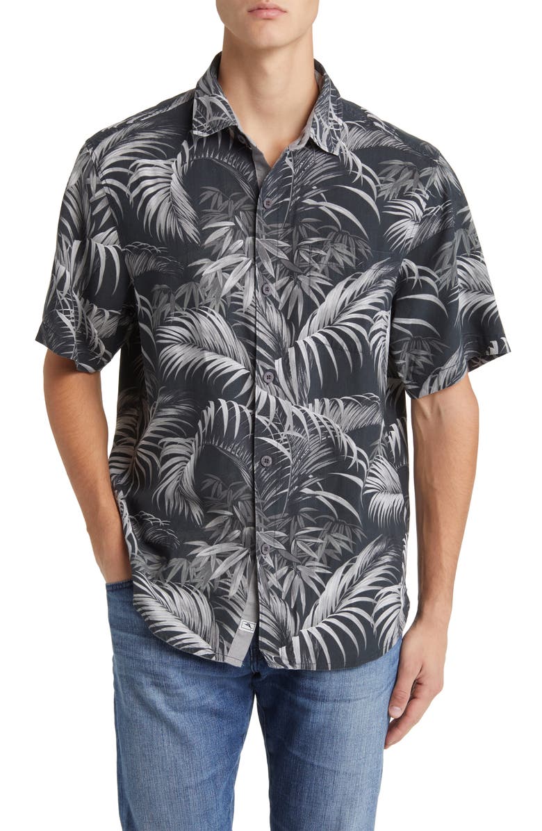 Tommy Bahama Made for Shade Leaf Print Silk Short Sleeve Button-Up Shirt, Main, color, Black