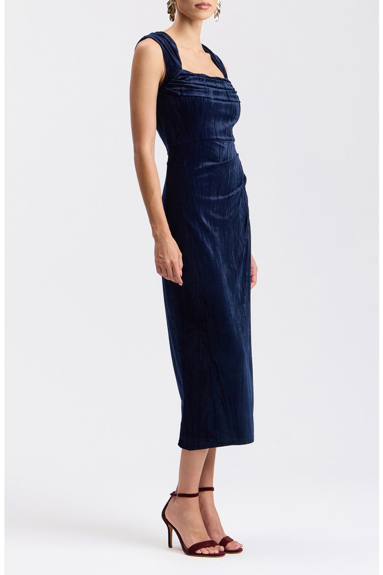 Asymmetric Stretch Velvet Midi Dress, Alternate, color, NAVY