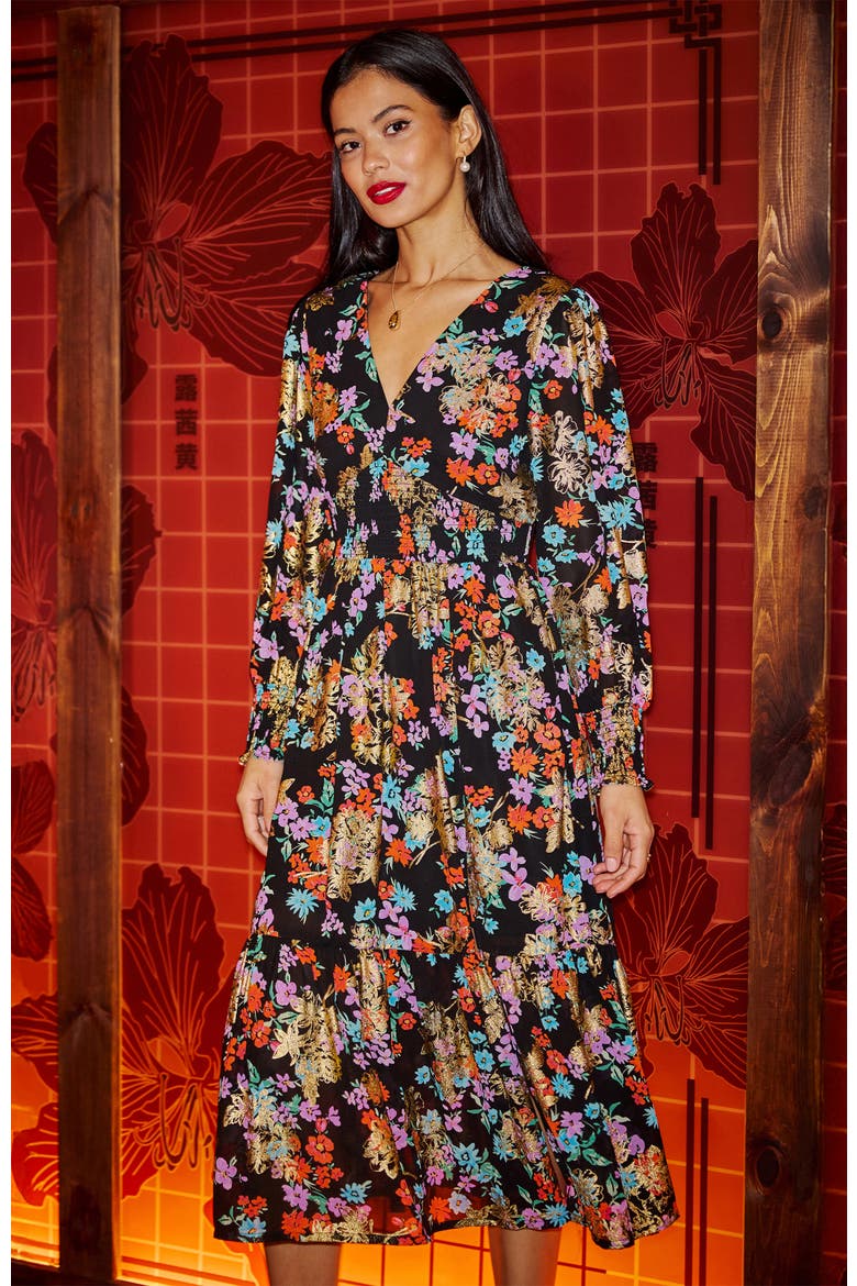 Floral And Foil Ruched Midi Dress, Alternate, color, Black