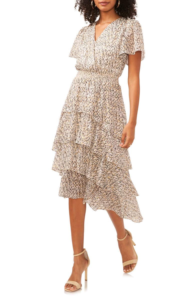 Vince Camuto Metallic Abstract Print Tiered Dress, Main, color, Rich Cream