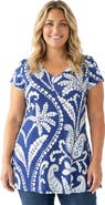 24seven Comfort Apparel Curvy Basic Paisley Print V-Neck Short Sleeve Flared Tunic Top