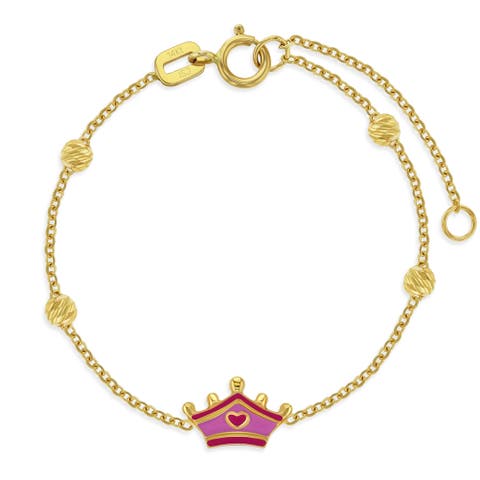 14k Pink Enamel Crown Girls Bracelet