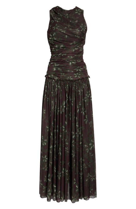 Alina Floral Gathered Open Back Jersey Dress