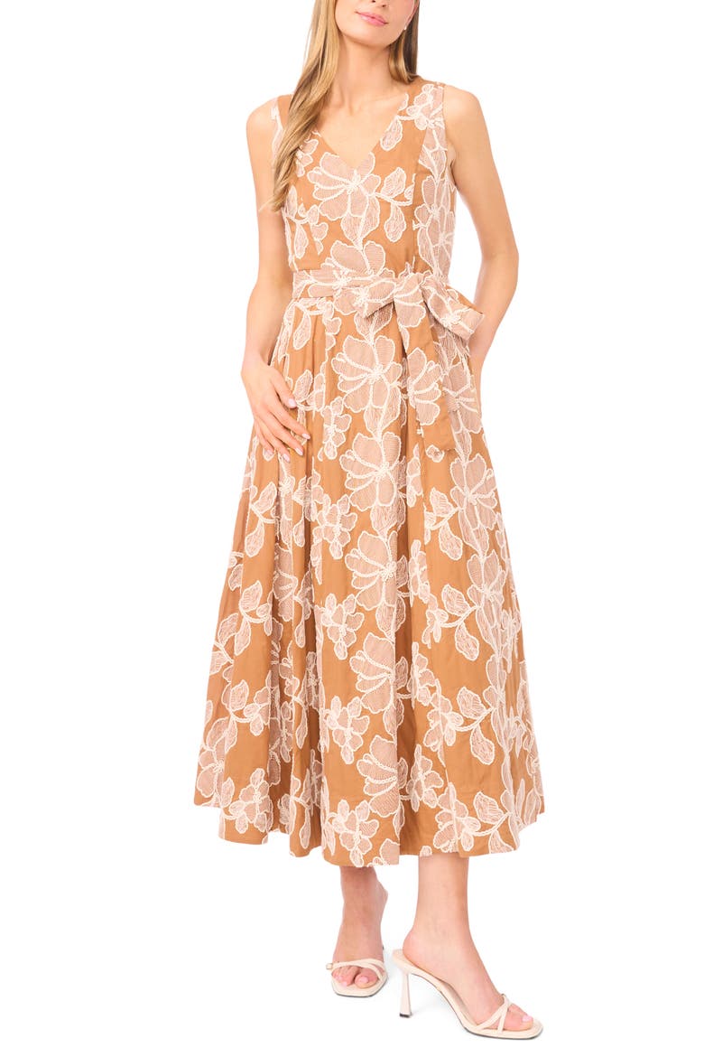Elana Floral Embroidered Sleeveless Midi Dress, Main, color, ALMOND