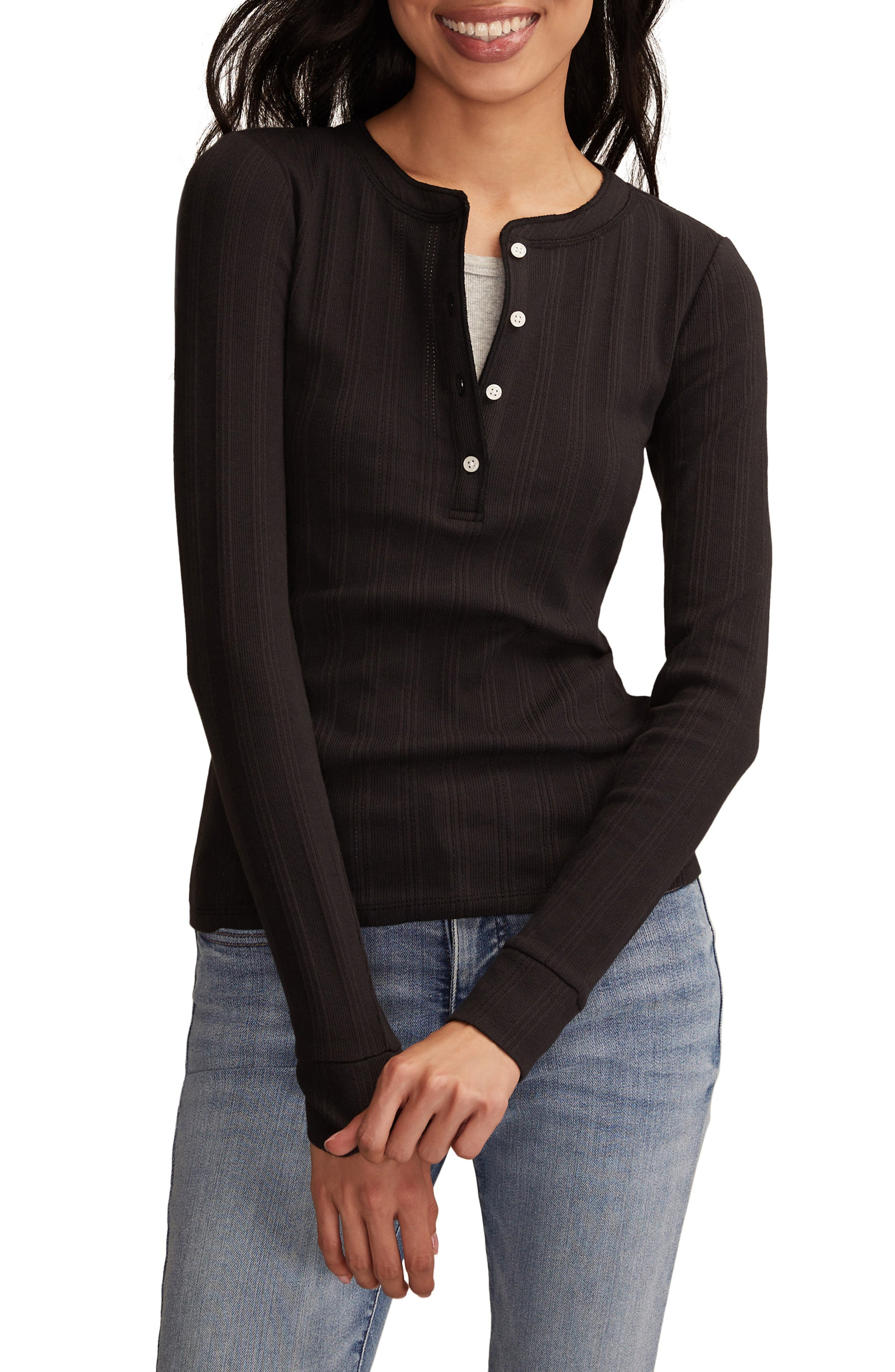 Lucky Brand Ribbed Henley in Caviar 