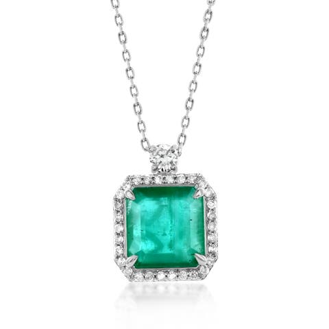14K Gold 2.97cttw Princess-Cut Emerald & 0.29cttw Diamonds Pendant Necklace