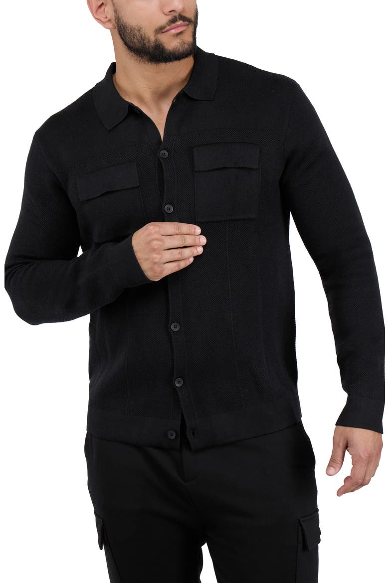 Patch Pocket Button-Up Polo Sweater, Alternate, color, BLACK