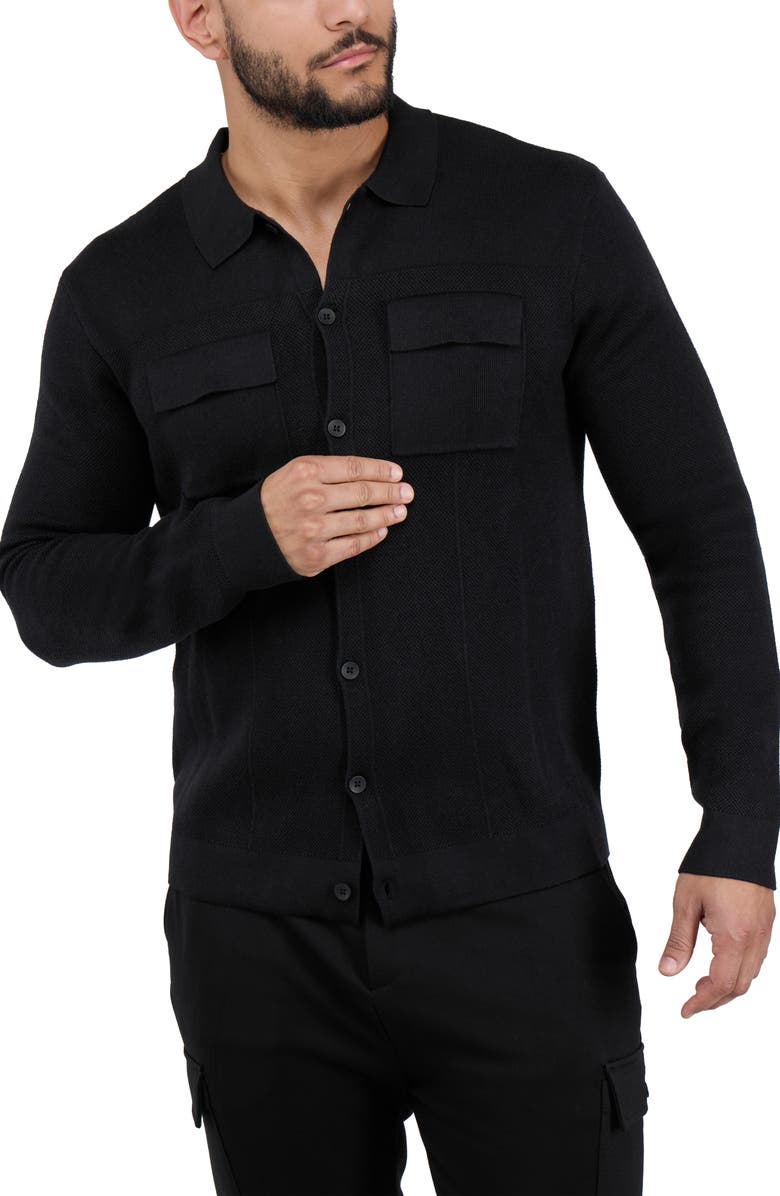 Spring + Mercer Patch Pocket Button-Up Polo Sweater, Alternate, color, Black