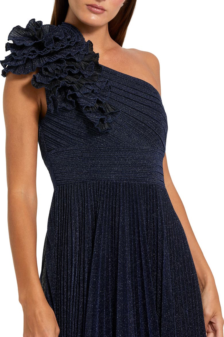 Pleated One Shoulder Ruffle Gown, Alternate, color, Midnight